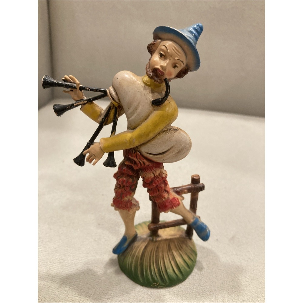 Vintage Italian Hand-Painted Figure- Bagpipe Player Musician‎ Folk Art Marked
